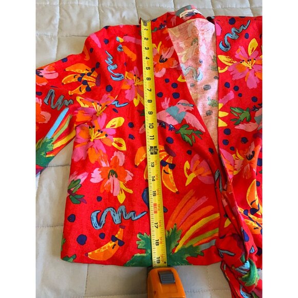 Maison D’Amelie LINEN Tie Front Blouse Womens M Red Floral Abstract Boho Cropped - Picture 4 of 7